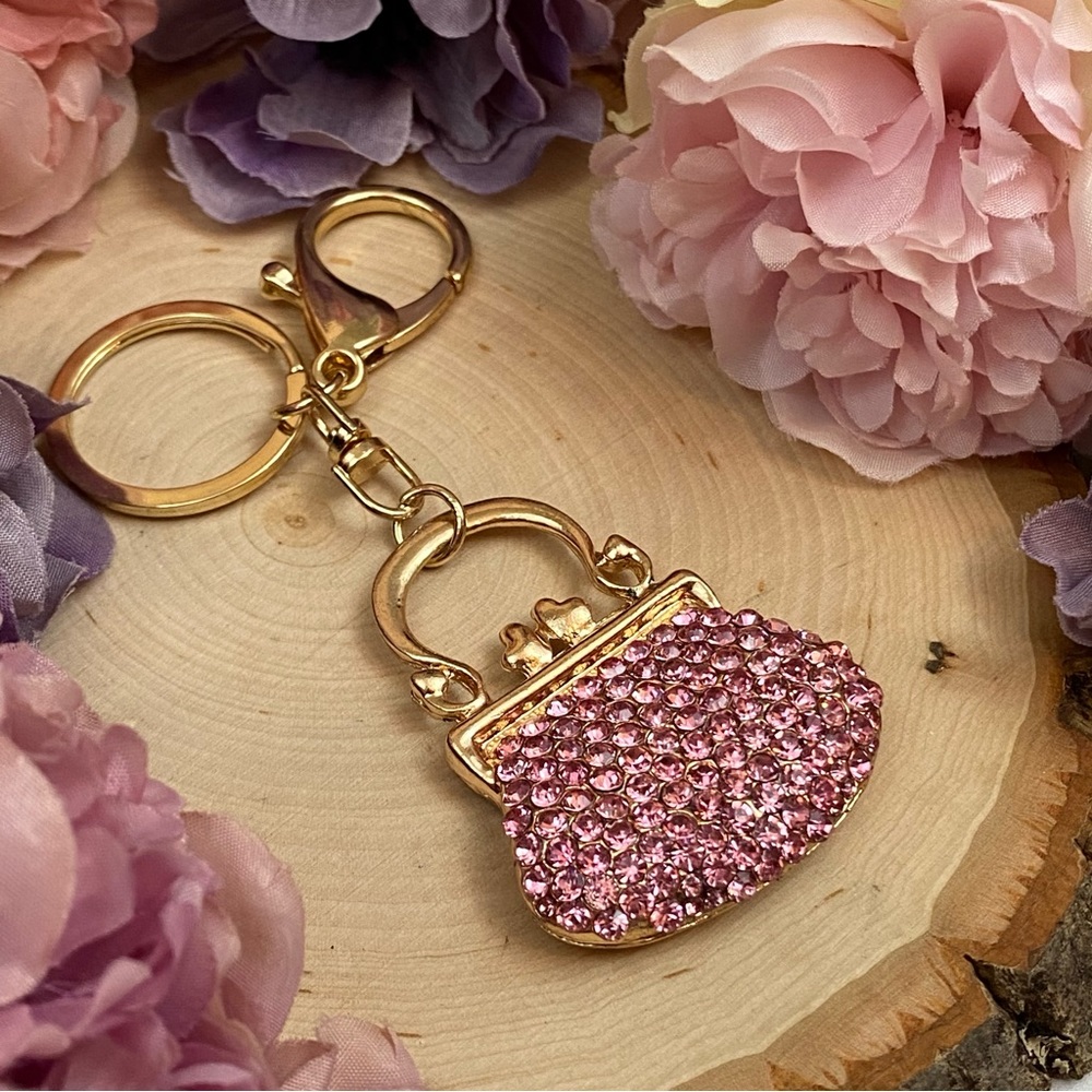 Pink Crystal Clasped Handbag Keychain Charm - Picture 6 of 12